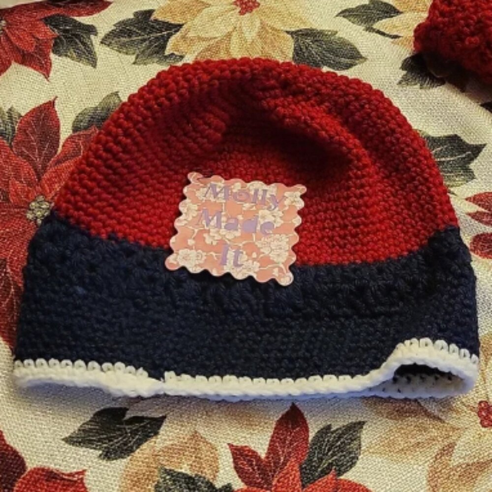 Handmade cranberry red and blue crochet hat beanie hand-made